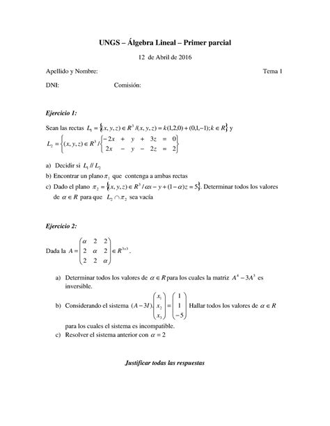 Er Parcial Turno Tarde Lgebra Lineal Studocu