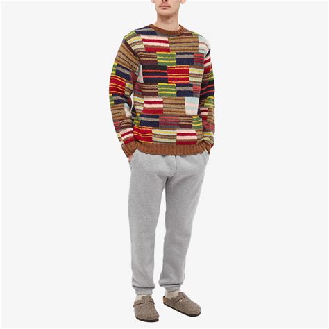 Beams Plus Stripe Patchwork Hand Knit Crew Multi END