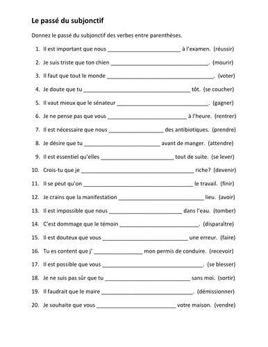 Passé Du Subjonctif Past Subjunctive In French Worksheet Teaching