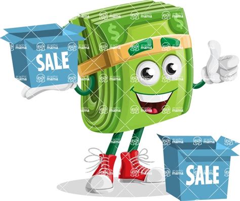 Dollar Bill Cartoon Vector Character Aka Richy Mccash With Sale Boxes