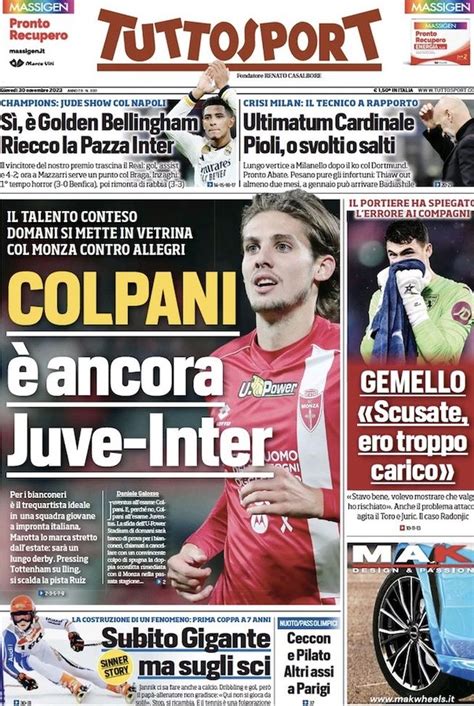 Prima Pagina Tuttosport Colpani Ancora Juve Inter Pianeta Milan