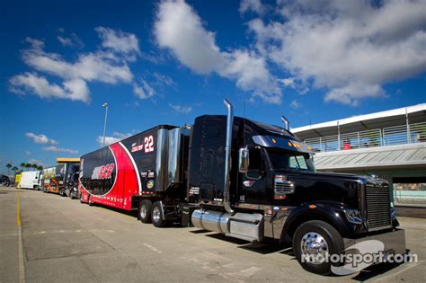 NASCAR Camping World Truck Series haulers enter the garage area at Homestead