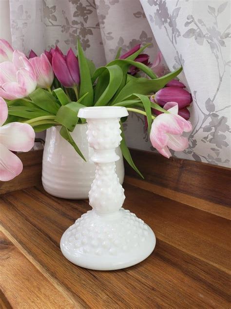 Fenton Milk Glass Hobnail Candlestick Holder 1960s Milkglass Taper Candlestick Table