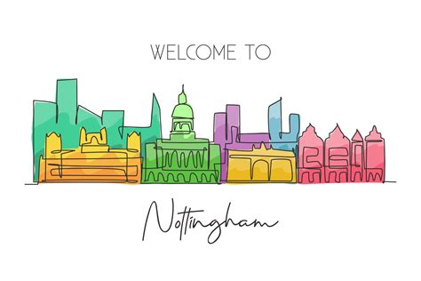 One single line drawing Nottingham city skyline. Historical city ...