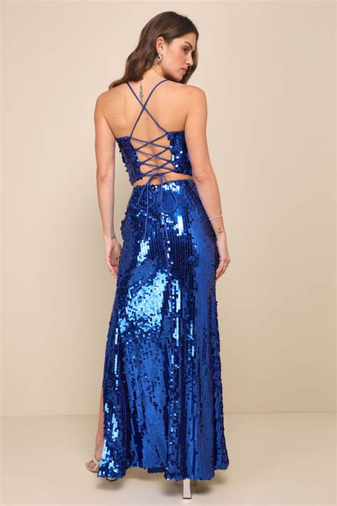 Royal Blue Sequin Dress 2pc Maxi Dress Lace Up Maxi Dress Lulus