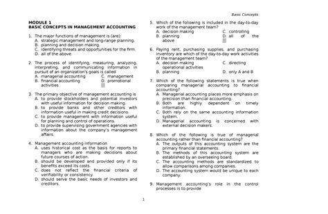 Basic Concepts In Management Accounting Na Basic Concepts Module 1