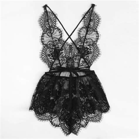 Deep V Neck Sexy Criss Cross Back Solid Lace Sleep Rompers Power Day Sale