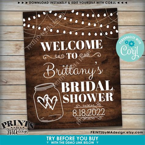 Bridal Shower Welcome Sign Lights And Jar Wedding Shower Sign Printable 8x10 16x20” Rustic Wood