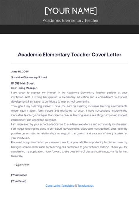 Free Academic Elementary Teacher Cover Letter Template Edit Online And Download