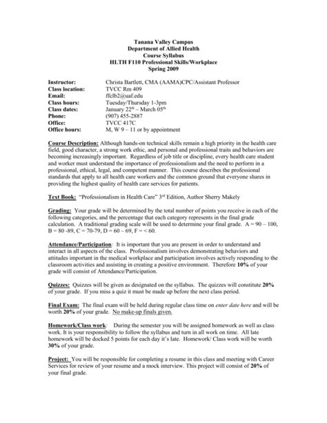 HLTH 110 Syllabus Doc University Of Alaska Fairbanks