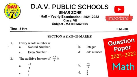 Maths Question Paper 2021 2022 Half Yearly Dav Class 7 Sst Question