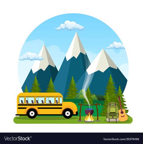 Summer Camp Landscape With School Bus Royalty Free Vector