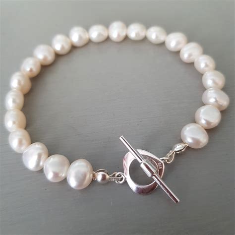 White Baroque Freshwater Pearl Bracelet Sterling Silver Toggle Etsy