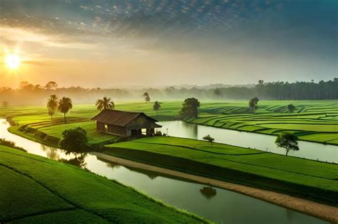 Um Campo De Arroz Uma Casa No Meio De Campos De Arroz Foto Premium