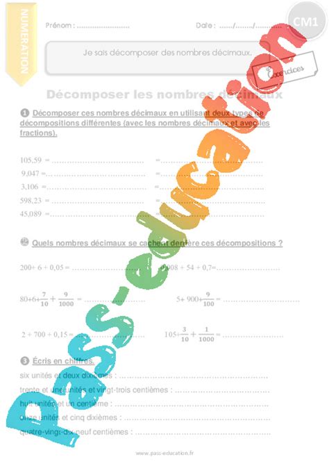 Décomposer Les Nombres Décimaux Exercices Avec Correction Cm1 Pass Education