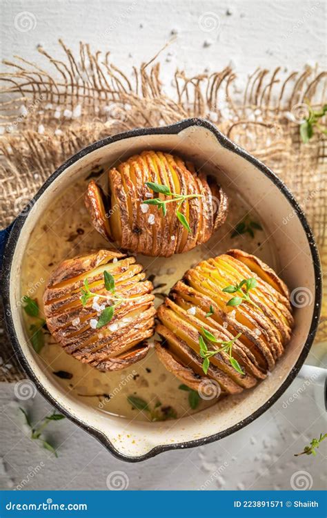 Homemade Hasselback With Salt And Rosemary Swedish Cuisine Stock Image