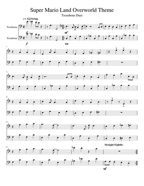 Super Mario Land Overworld Theme Trombone Duet Sheet Music For