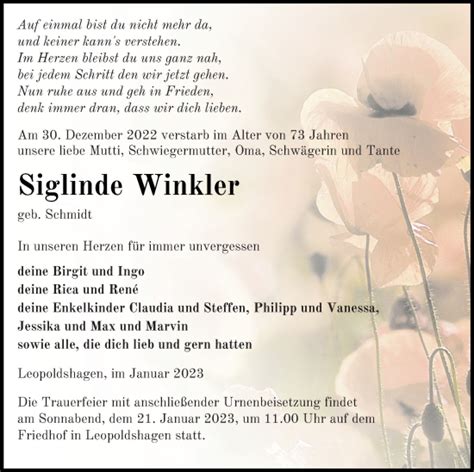 Traueranzeigen Von Siglinde Winkler Trauer Nordkurier