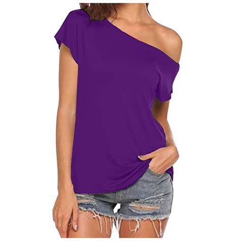 Ladies Casual Off Shoulder Solid Color Irregular Top Short Sleeve T Shirt Womens Short Sleeve T