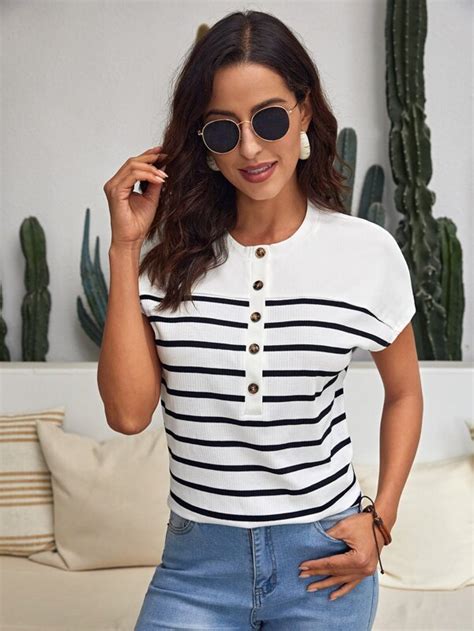 Shein Lune Striped Half Button Batwing Sleeve Tee Shein Eur