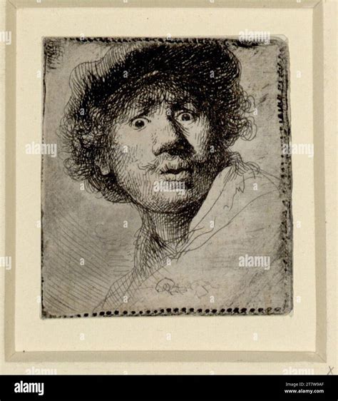 Rembrandt Harmensz Van Rijn Self Portrait With Opened Eyes Etching And A Ledge Print Of