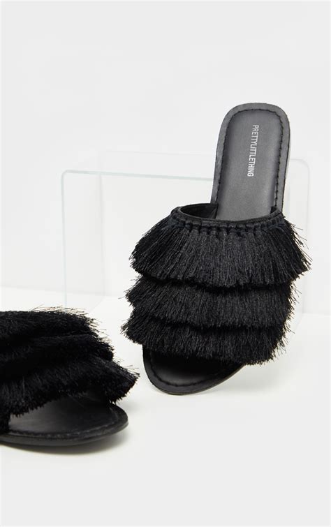 Black Fringe Mule Sandal Shoes Prettylittlething Ire