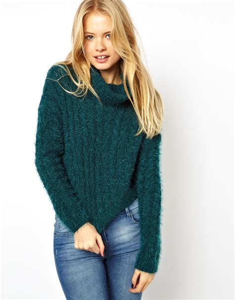 Lyst Asos Cropped Roll Neck Jumper In Fluffy Cable Yarn In Green