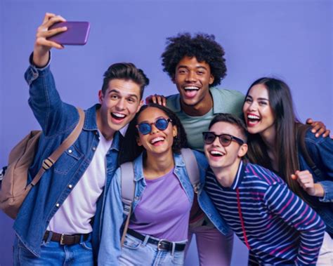 Premium Photo A Group Of Young Friends Happily Take A Selfie Together