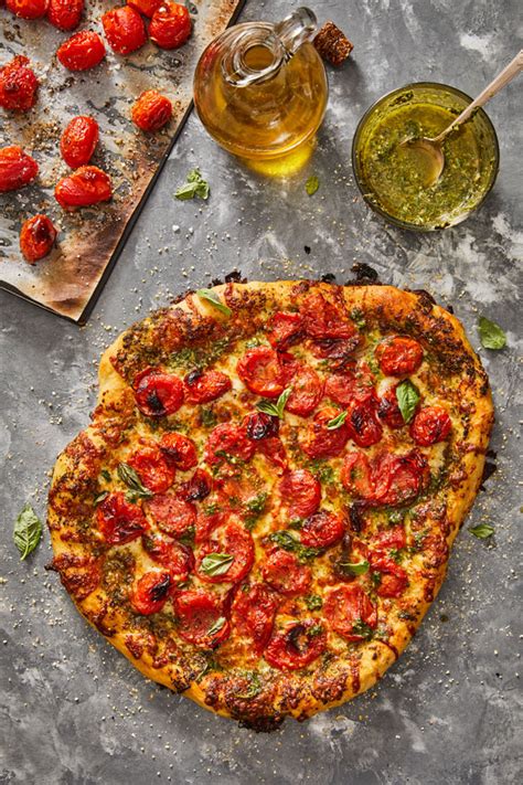 Pesto Pizza With Charred Cherry Tomatoes Delallo