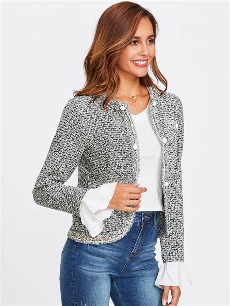 Contrast Ruffle Cuff Curved Tweed Blazer SheIn Sheinside