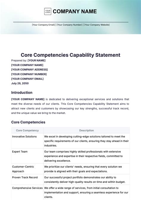 Free Core Competencies Capability Statement Template Edit Online