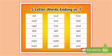 5 Letter Words Ending In L Word Mat Teacher Made Twinkl