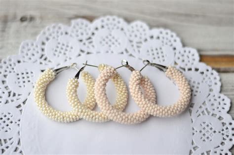 Beaded Hoop Earrings Ivory Nude Beige Etsy