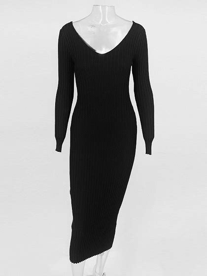 Black Ribbed V Neck Long Sleeve Maxi Dress Choies