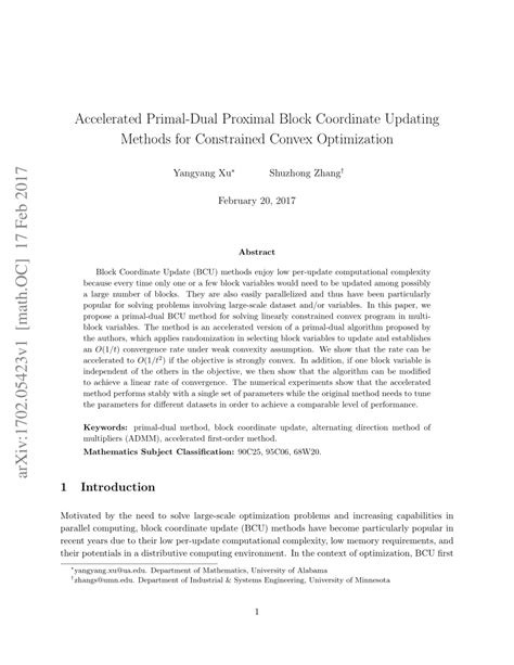 Pdf Accelerated Primal Dual Proximal Block Coordinate Updating Methods For Constrained Convex