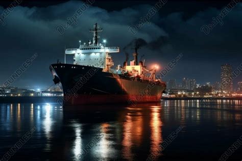 Illuminated Tanker Night Lights Port Generate Ai