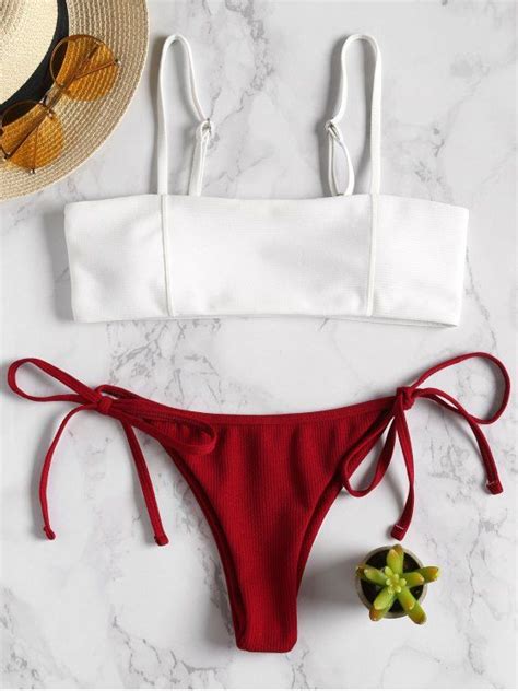 Off Two Tone Ribbed String Bikini In Red Wine Zaful