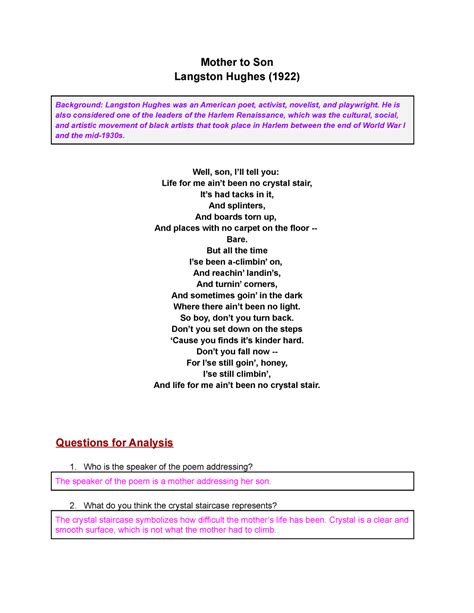 Copy Of Mother To Son Mother To Son Langston Hughes 1922 Background Langston Hughes Was An