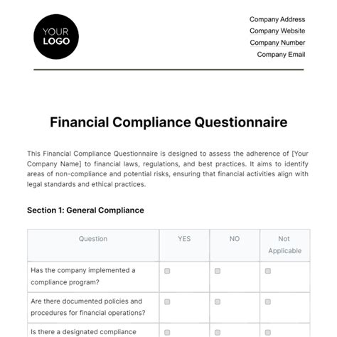 Free Financial Compliance Questionnaire Template Edit Online