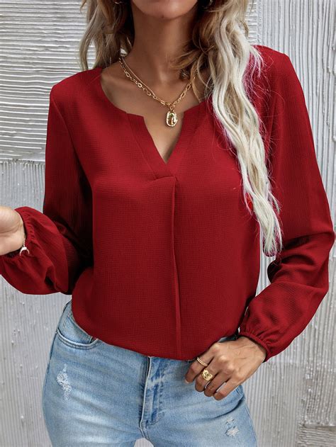 Solid Notched Neck Blouse Blusas Rojas De Moda Blusas Manga Larga Elegantes Blusas Bonitas