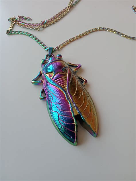 Large Rainbow Cicada Necklace On Rainbow Steel Chain Or Black Etsy Uk