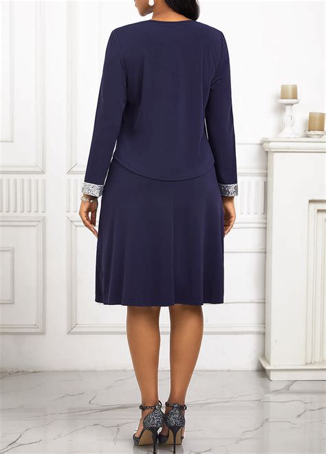 ROTITA Sequin Navy Two Piece Suit Round Neck Dress And Cardigan