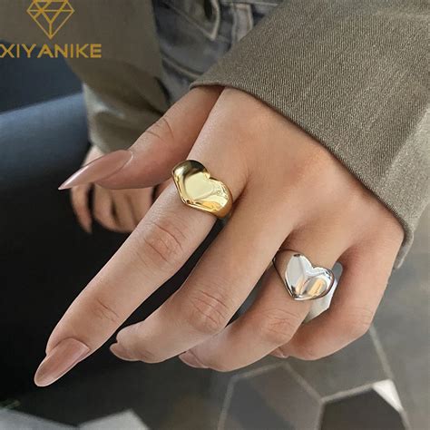 Xiyanike Silver Color Trend Creative New Love Heart Shaped Gold Ring