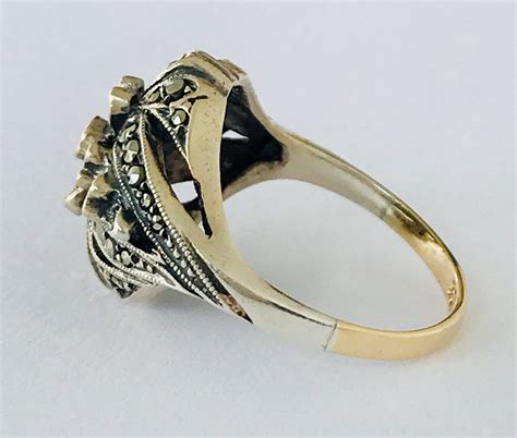 Stunning Antique Art Deco 9ct Gold And Sterling Silver Marcasite Ring 1920s