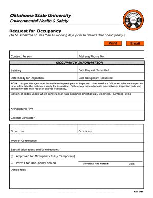 Fillable Online Ehs Okstate Request For Occupancy Environmental