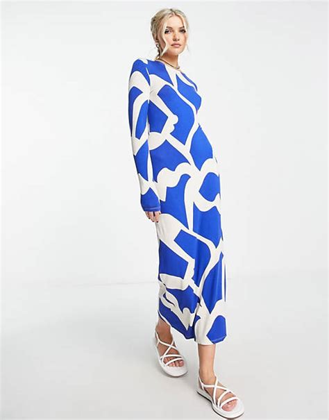 Monki Mesh Fitted Midi Dress In Blue Abstract Print Asos