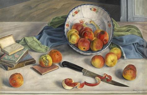 A Painting Of Apples And Other Fruit In A Bowl On A Table With A Knife