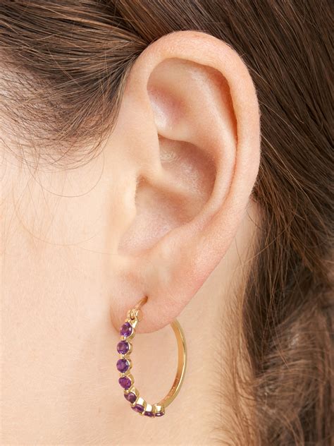 18k Yellow Gold Over 925 Sterling Silver Genuine African Amethyst Hoop Earrings