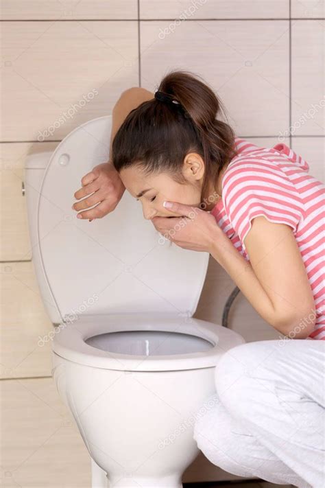 Young Vomiting Woman Near Toilet Bowl At Home — Stock Photo