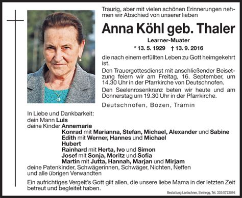 Anna K Hl Geb Thaler Aus Deutschnofen Trauerhilfe It Das